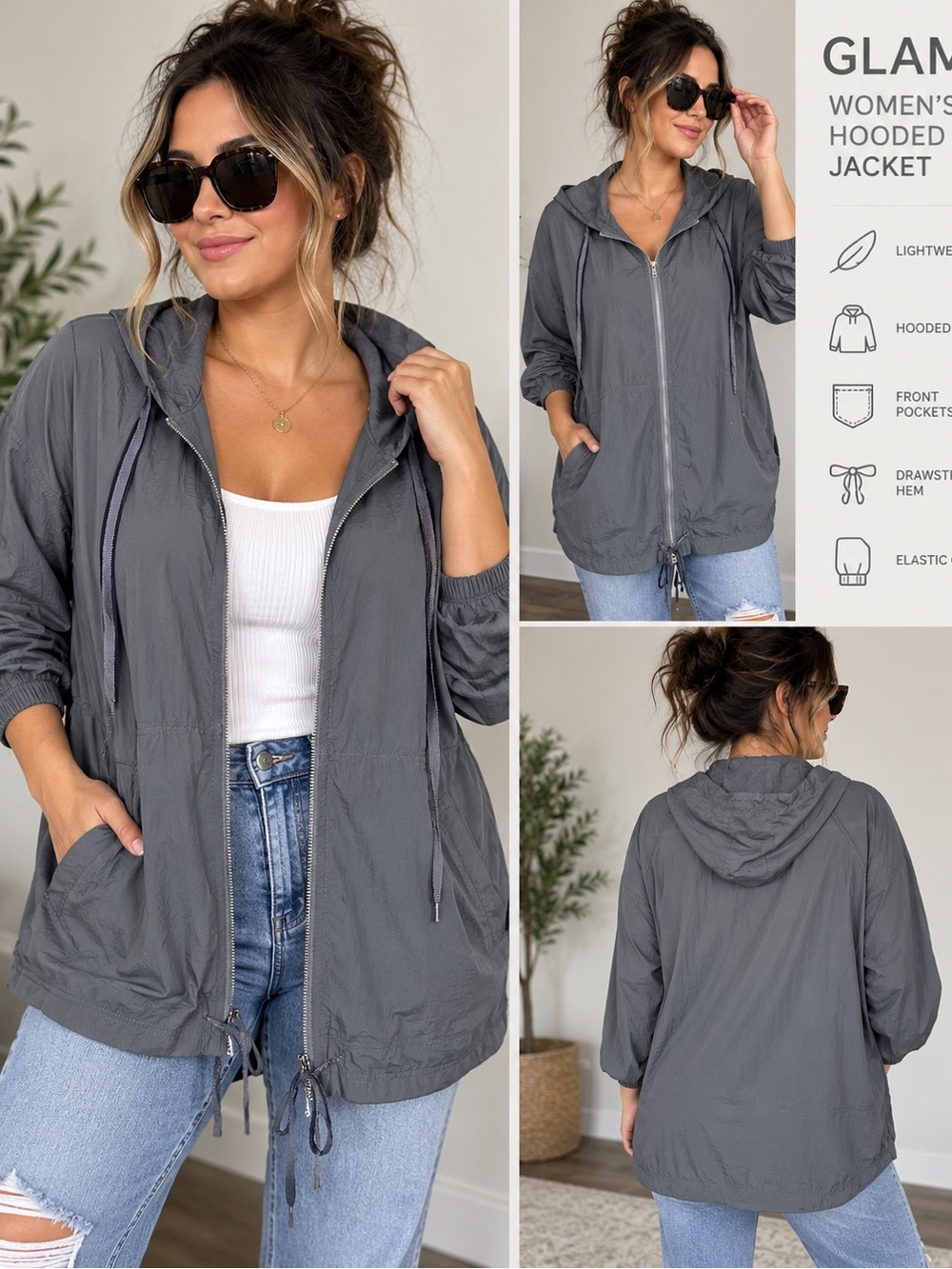 GLAM Gray Hooded Windbreaker Jacket | Women’s M | Lightweight Full Zip